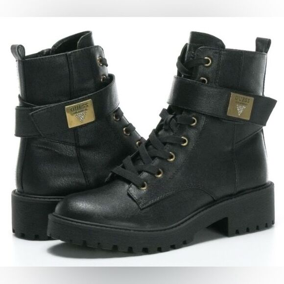 Guess Shoes - GUESS Caleena Lace Up Combat Boots With Gold Jeweled Guess Accent Strap NWOT